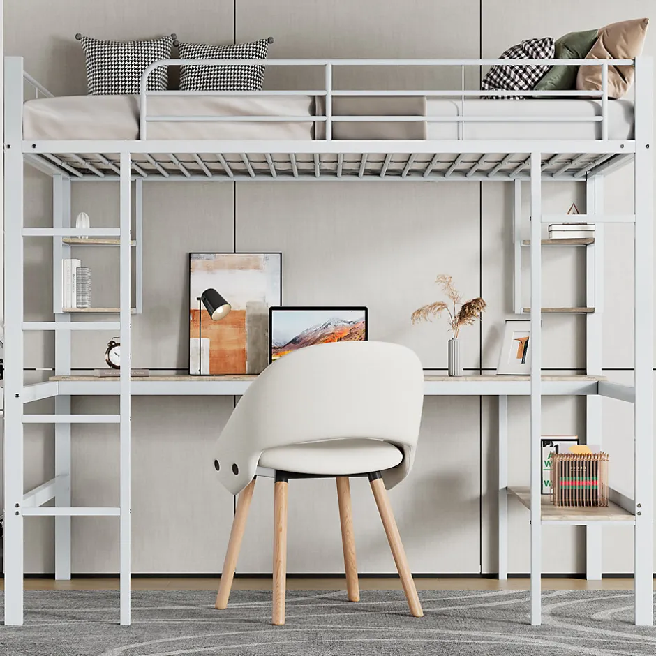 Okwish Lit Mezzanine 90 x 200 cm - Lit avec Bureau et Étagères - Métal + MDF - Sans Matelas - Blanc