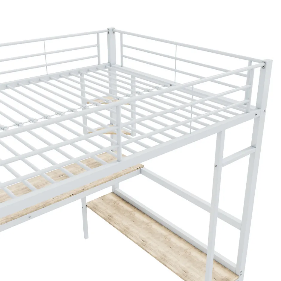Okwish Lit Mezzanine 90 x 200 cm - Lit avec Bureau et Étagères - Métal + MDF - Sans Matelas - Blanc