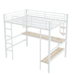 Okwish Lit Mezzanine 90 x 200 cm - Lit avec Bureau et Étagères - Métal + MDF - Sans Matelas - Blanc