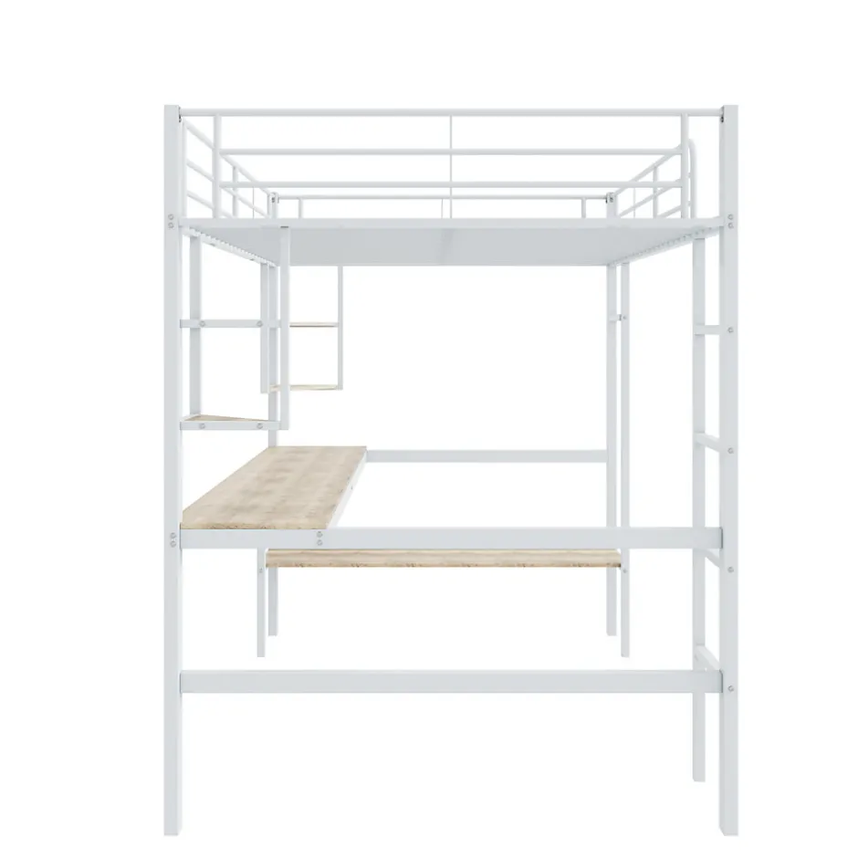 Okwish Lit Mezzanine 90 x 200 cm - Lit avec Bureau et Étagères - Métal + MDF - Sans Matelas - Blanc