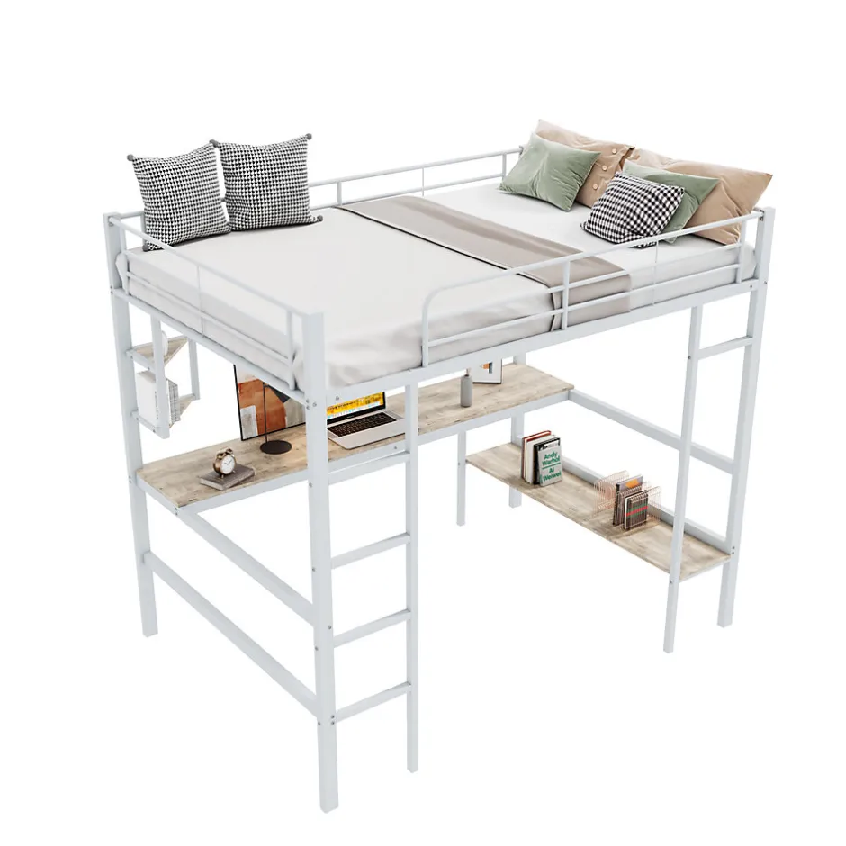 Okwish Lit Mezzanine 90 x 200 cm - Lit avec Bureau et Étagères - Métal + MDF - Sans Matelas - Blanc