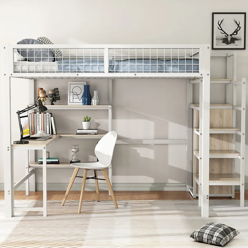 Generique Lit Mezzanine 140 x 200 cm - Lit avec Bureau et Étagères - Métal + MDF - Sans Matelas - Blanc