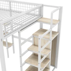 Generique Lit Mezzanine 140 x 200 cm - Lit avec Bureau et Étagères - Métal + MDF - Sans Matelas - Blanc