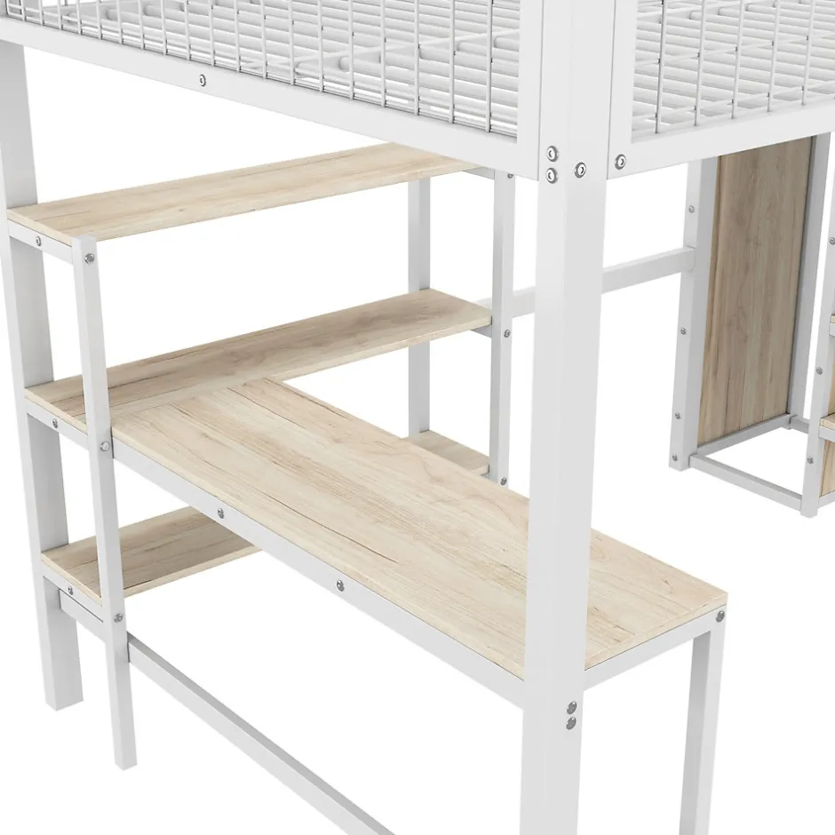 Generique Lit Mezzanine 140 x 200 cm - Lit avec Bureau et Étagères - Métal + MDF - Sans Matelas - Blanc