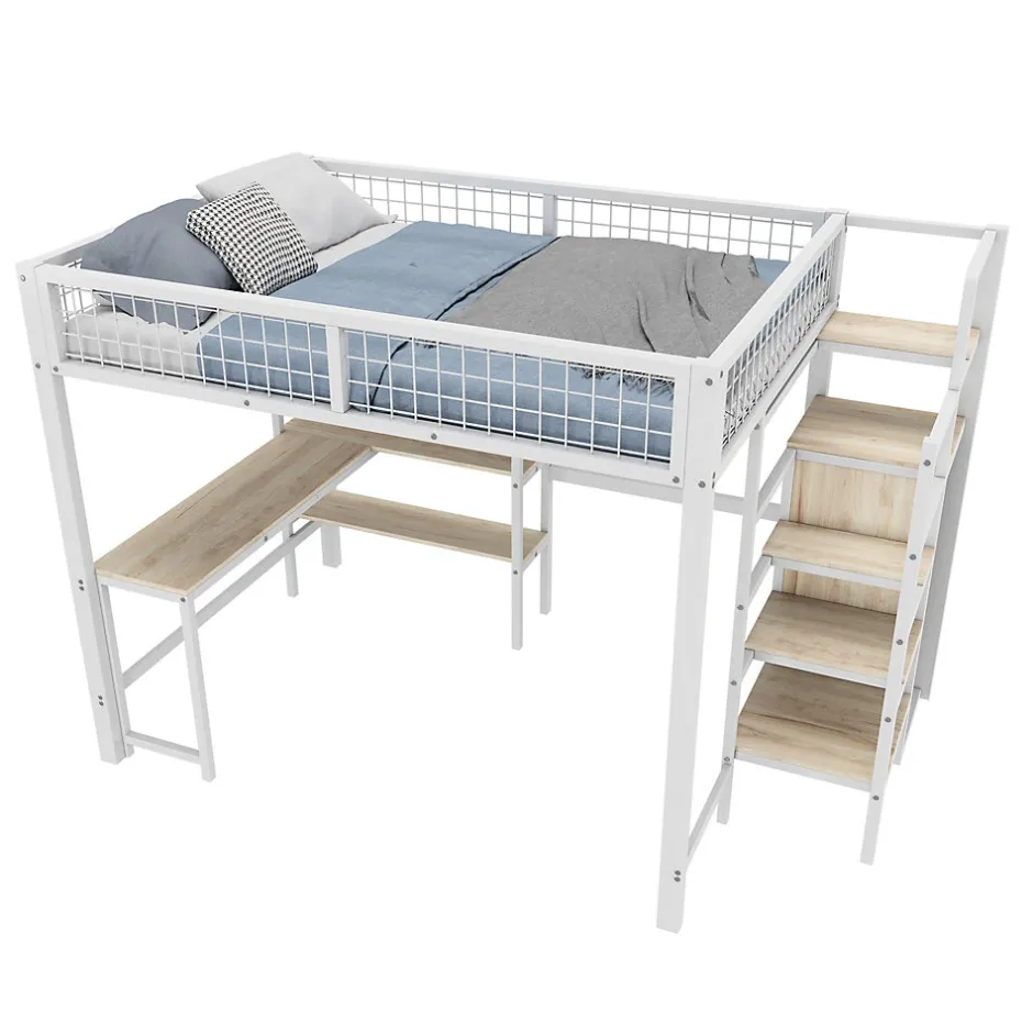 Generique Lit Mezzanine 140 x 200 cm - Lit avec Bureau et Étagères - Métal + MDF - Sans Matelas - Blanc