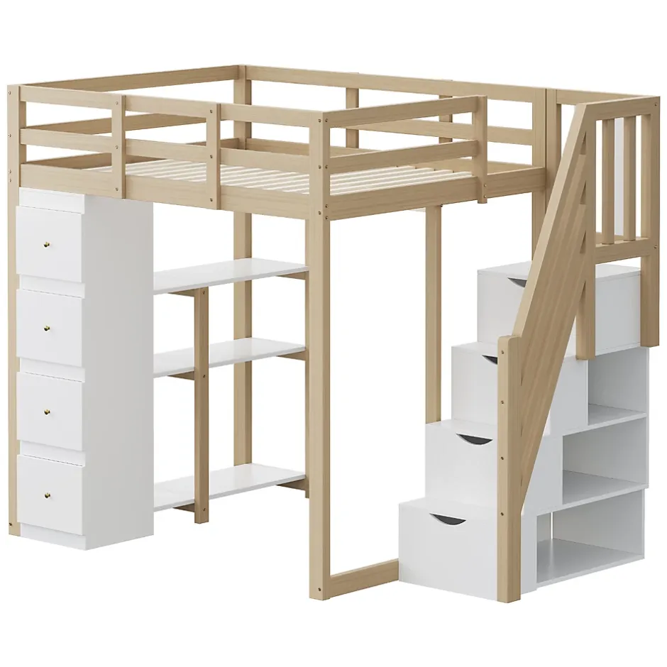 Okwish Lit Mezzanine 140 x 200 cm - Lit Mezzanine Ado avec Commode, Tiroirs et Étagères - Échelle Antidérapante Sécurité - Bois Blanc Discount