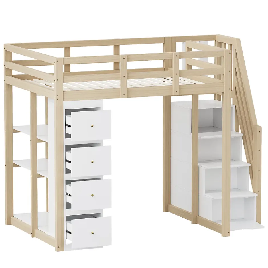 Okwish Lit Mezzanine 140 x 200 cm - Lit Mezzanine Ado avec Commode, Tiroirs et Étagères - Échelle Antidérapante Sécurité - Bois Blanc Discount