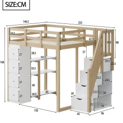 Okwish Lit Mezzanine 140 x 200 cm - Lit Mezzanine Ado avec Commode, Tiroirs et Étagères - Échelle Antidérapante Sécurité - Bois Blanc Discount