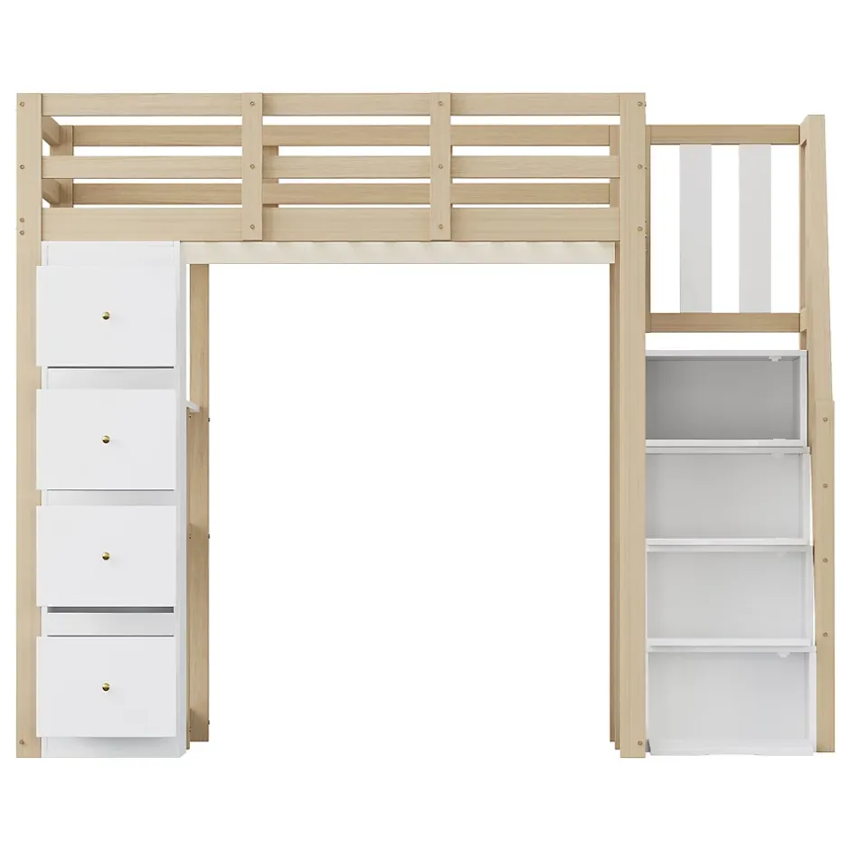 Okwish Lit Mezzanine 140 x 200 cm - Lit Mezzanine Ado avec Commode, Tiroirs et Étagères - Échelle Antidérapante Sécurité - Bois Blanc Discount