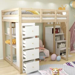 Okwish Lit Mezzanine 140 x 200 cm - Lit Mezzanine Ado avec Commode, Tiroirs et Étagères - Échelle Antidérapante Sécurité - Bois Blanc Discount