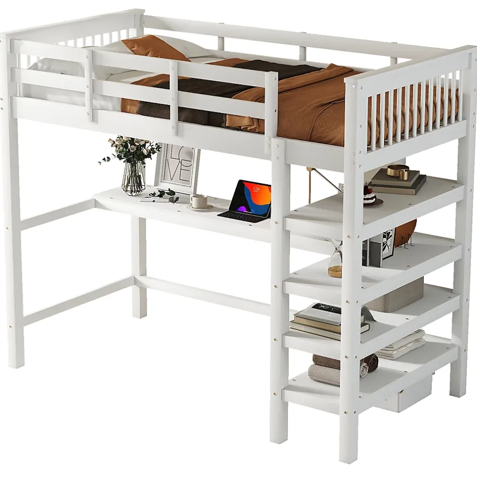 Generique Lit Mezzanine 90 x 200 cm - Lit enfant avec Bureau et Rangements - Pin + MDF - Sans Matelas - Blanc Outlet
