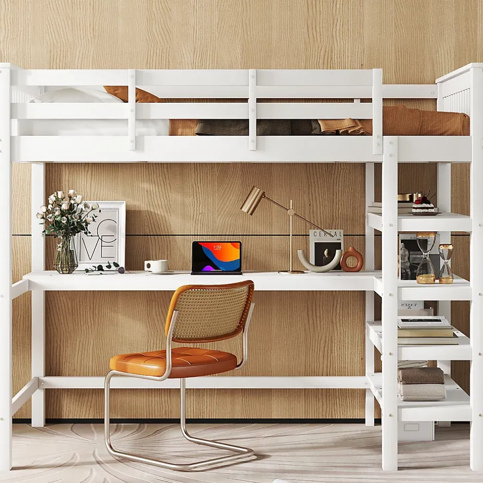 Generique Lit Mezzanine 90 x 200 cm - Lit enfant avec Bureau et Rangements - Pin + MDF - Sans Matelas - Blanc Outlet
