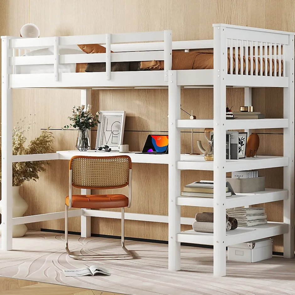 Generique Lit Mezzanine 90 x 200 cm - Lit enfant avec Bureau et Rangements - Pin + MDF - Sans Matelas - Blanc Outlet