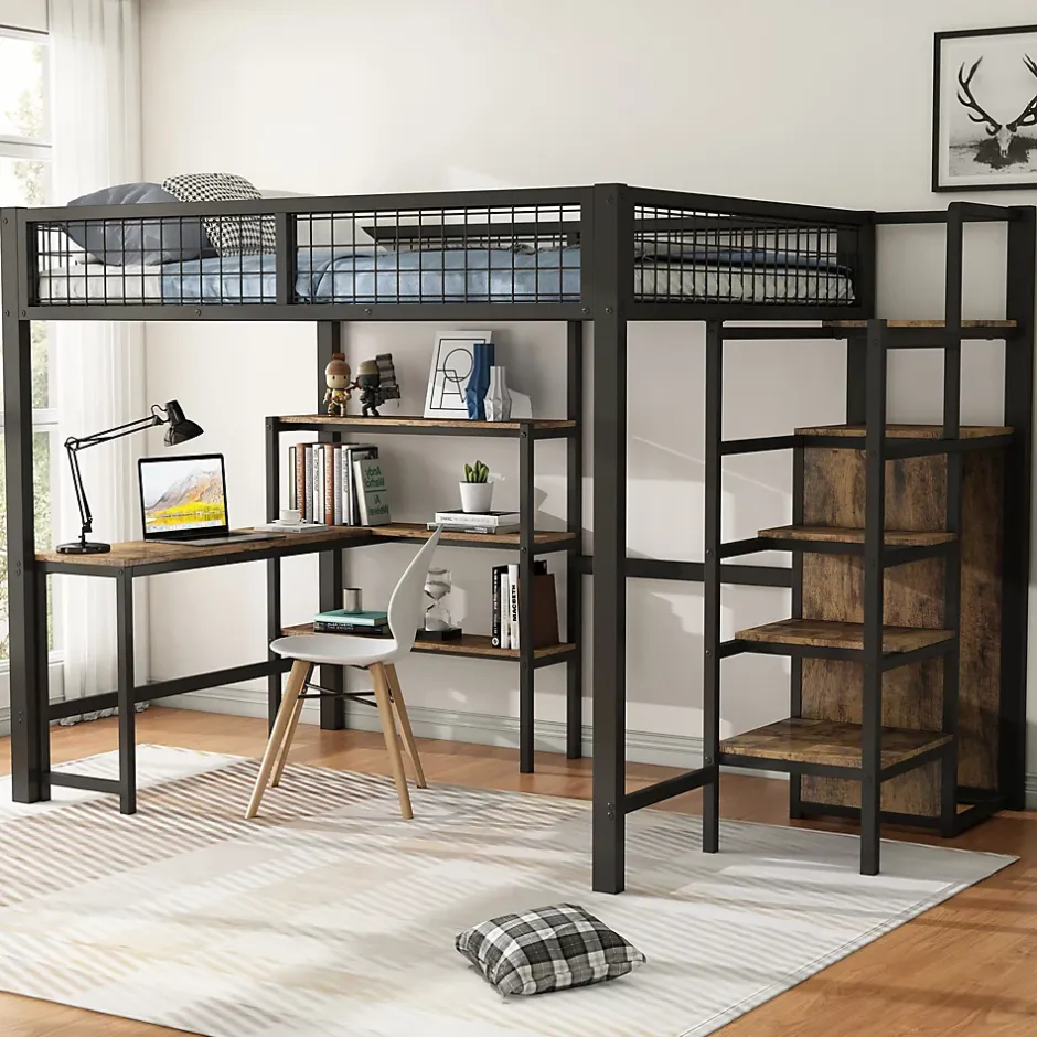 Okwish Lit Mezzanine 140 x 200 cm - Lit avec Bureau et Étagères - Métal + MDF - Sans Matelas - Noir New