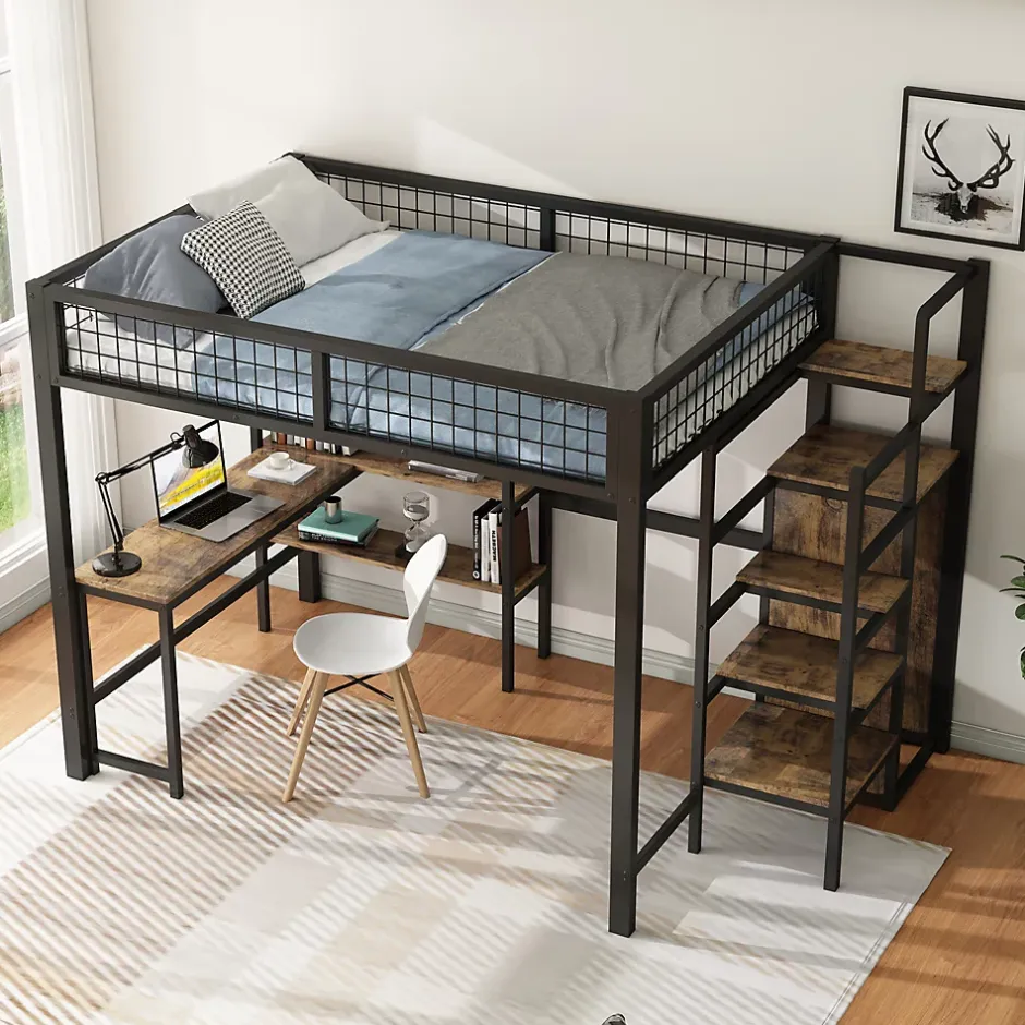 Okwish Lit Mezzanine 140 x 200 cm - Lit avec Bureau et Étagères - Métal + MDF - Sans Matelas - Noir New