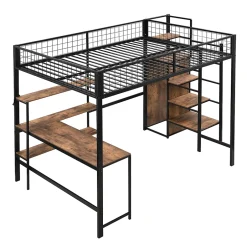 Okwish Lit Mezzanine 140 x 200 cm - Lit avec Bureau et Étagères - Métal + MDF - Sans Matelas - Noir New