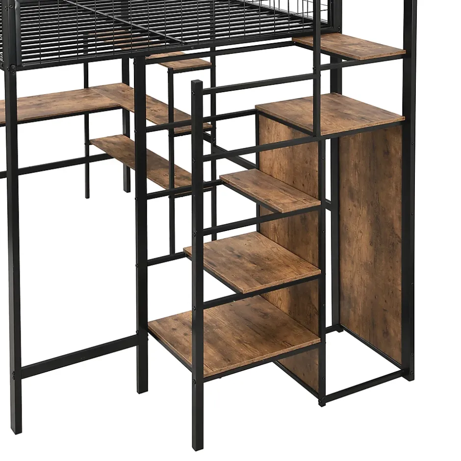 Okwish Lit Mezzanine 140 x 200 cm - Lit avec Bureau et Étagères - Métal + MDF - Sans Matelas - Noir New