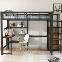Okwish Lit Mezzanine 140 x 200 cm - Lit avec Bureau et Étagères - Métal + MDF - Sans Matelas - Noir New