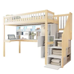 Okwish Lit Mezzanine 90 x 200 cm - Lit Simple avec Bureau, Placard et Étagères, LED Intégrée - Bois Blanc+Nature Online