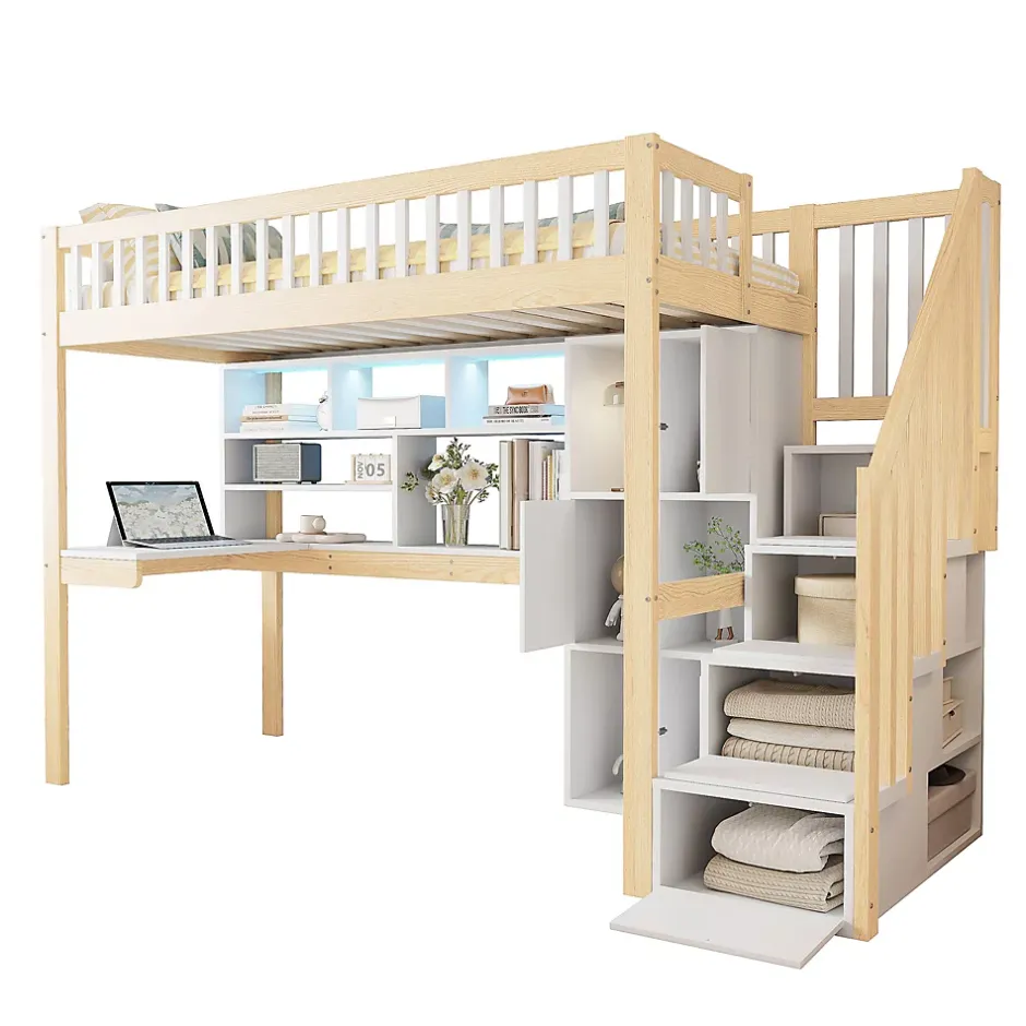 Okwish Lit Mezzanine 90 x 200 cm - Lit Simple avec Bureau, Placard et Étagères, LED Intégrée - Bois Blanc+Nature Online