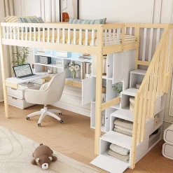 Okwish Lit Mezzanine 90 x 200 cm - Lit Simple avec Bureau, Placard et Étagères, LED Intégrée - Bois Blanc+Nature Online