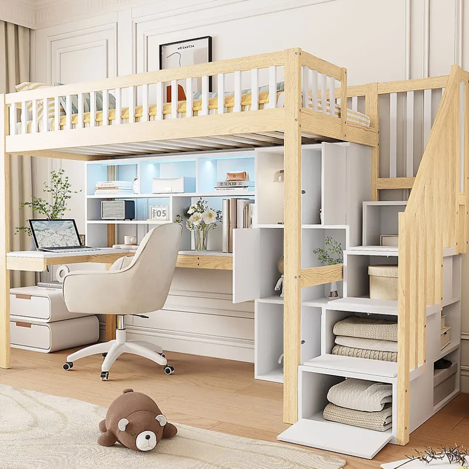 Okwish Lit Mezzanine 90 x 200 cm - Lit Simple avec Bureau, Placard et Étagères, LED Intégrée - Bois Blanc+Nature Online