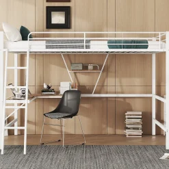 Generique Lit Mezzanine 90 x 200 cm - Lit avec Bureau en L et Étagère - Métal + MDF - Sans Matelas - Blanc Sale