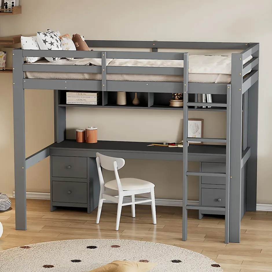 Okwish Lit mezzanine 90 x 200 cm - Lit Simple avec Escalier à Rampe Haute - Pin + MDF - Sans Matelas - Gris Outlet