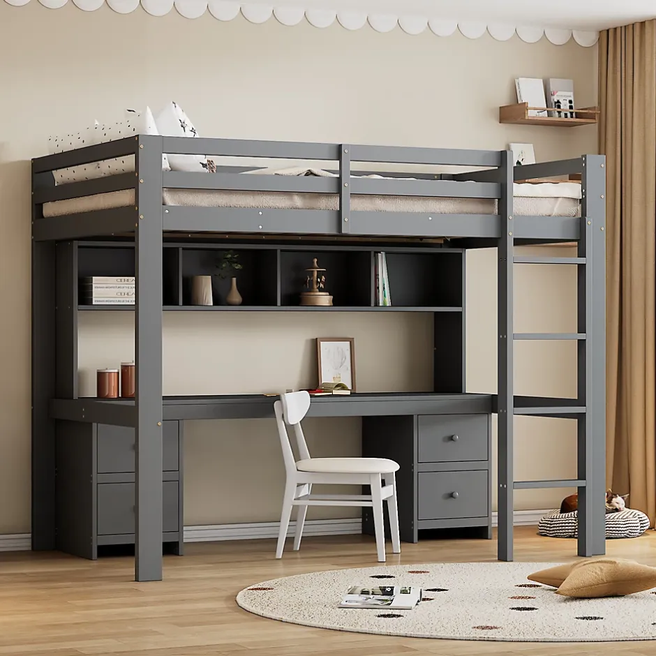 Okwish Lit mezzanine 90 x 200 cm - Lit Simple avec Escalier à Rampe Haute - Pin + MDF - Sans Matelas - Gris Outlet