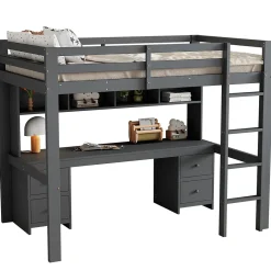 Okwish Lit mezzanine 90 x 200 cm - Lit Simple avec Escalier à Rampe Haute - Pin + MDF - Sans Matelas - Gris Outlet