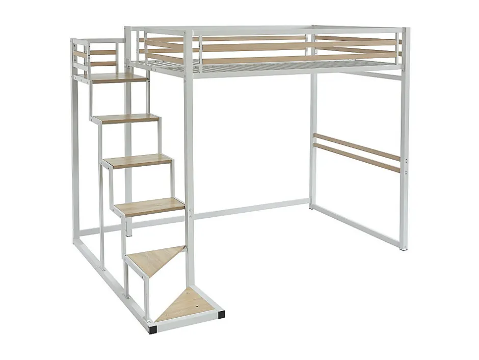 Vente-unique Lit mezzanine 140 x 200 cm - Métal et MDF - Blanc + Matelas - JOGUI