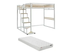 Vente-unique Lit mezzanine 140 x 200 cm - Métal et MDF - Blanc + Matelas - JOGUI