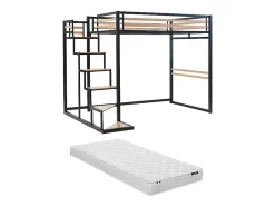 Vente-unique Lit mezzanine 140 x 200 cm - Métal et MDF - Noir et naturel + Matelas - JOGUI