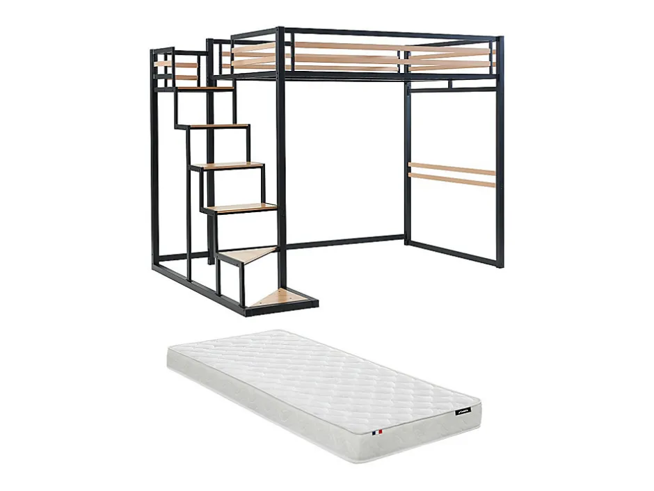 Vente-unique Lit mezzanine 140 x 200 cm - Métal et MDF - Noir et naturel + Matelas - JOGUI