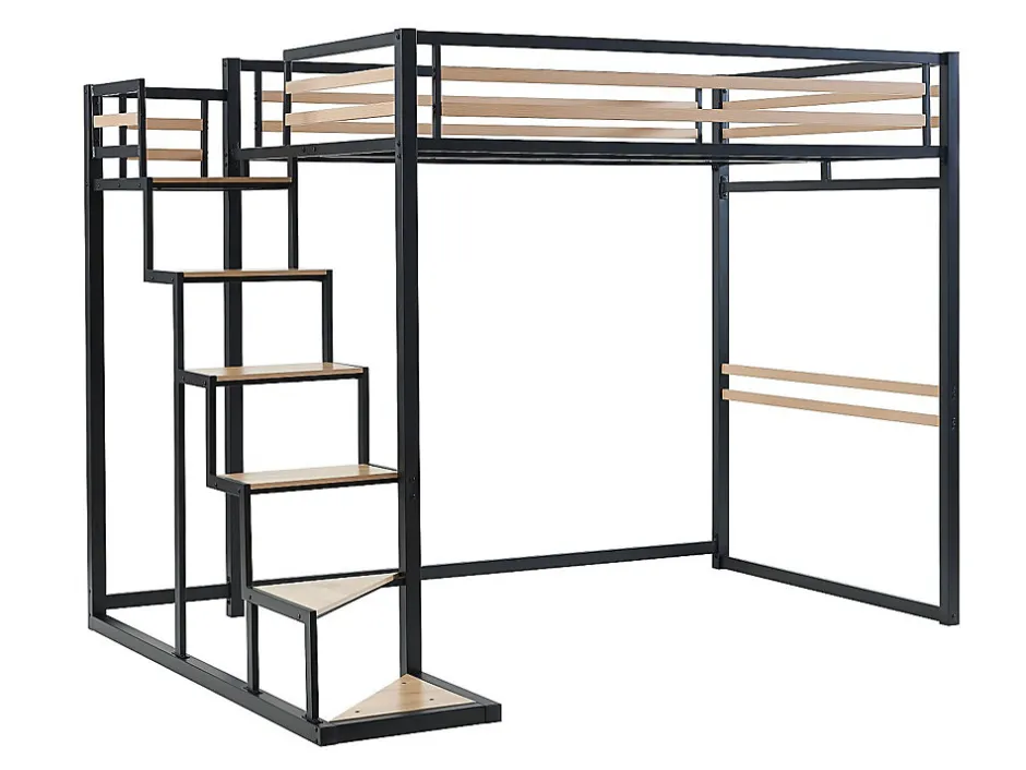 Vente-unique Lit mezzanine 140 x 200 cm - Métal et MDF - Noir et naturel + Matelas - JOGUI