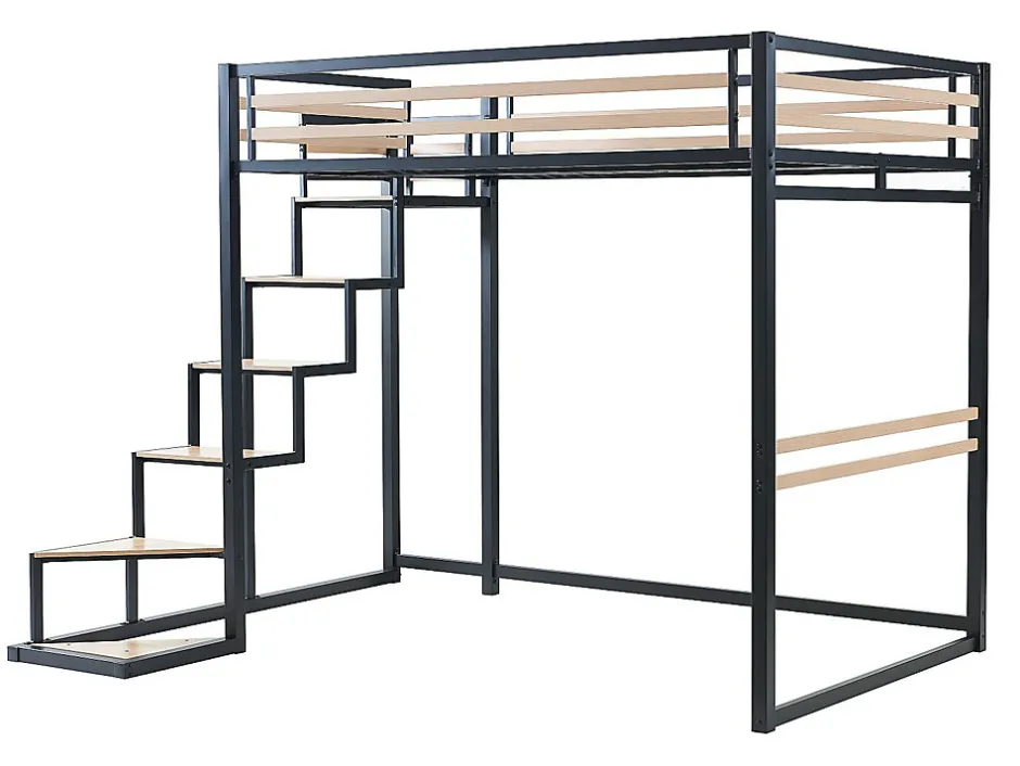 Vente-unique Lit mezzanine 140 x 200 cm - Métal et MDF - Noir et naturel + Matelas - JOGUI