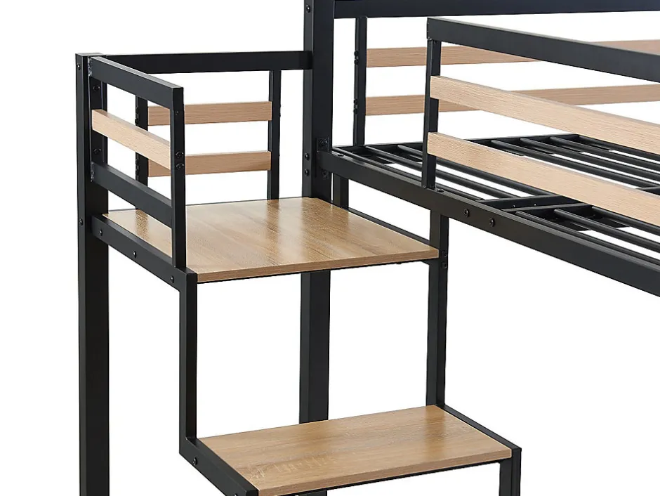 Vente-unique Lit mezzanine 140 x 200 cm - Métal et MDF - Noir et naturel + Matelas - JOGUI