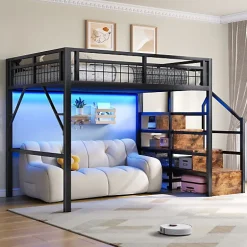 ModernLuxe Lit mezzanine 140 x 200 cm - Structure en fer - Éclairage LED - Escalier - Noir (matelas non inclus)