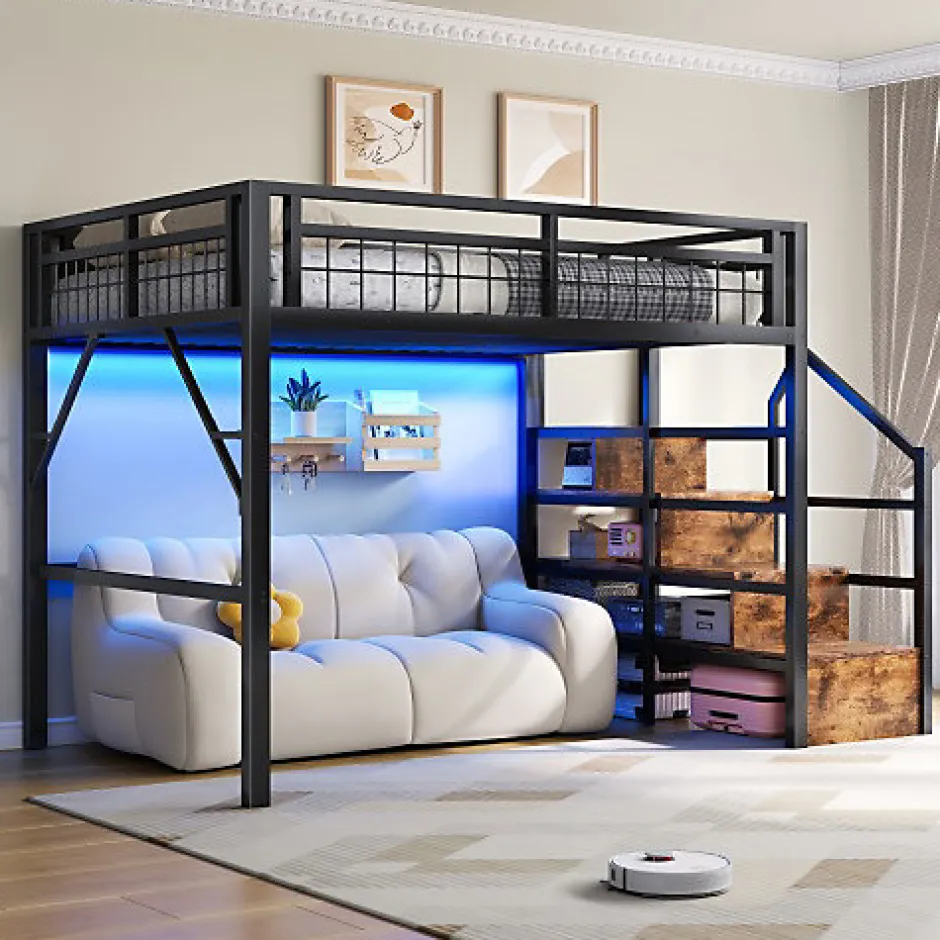 ModernLuxe Lit mezzanine 140 x 200 cm - Structure en fer - Éclairage LED - Escalier - Noir (matelas non inclus)