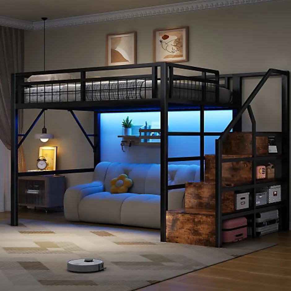 ModernLuxe Lit mezzanine 140 x 200 cm - Structure en fer - Éclairage LED - Escalier - Noir (matelas non inclus)