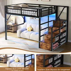 ModernLuxe Lit mezzanine 140 x 200 cm - Structure en fer - Éclairage LED - Escalier - Noir (matelas non inclus)