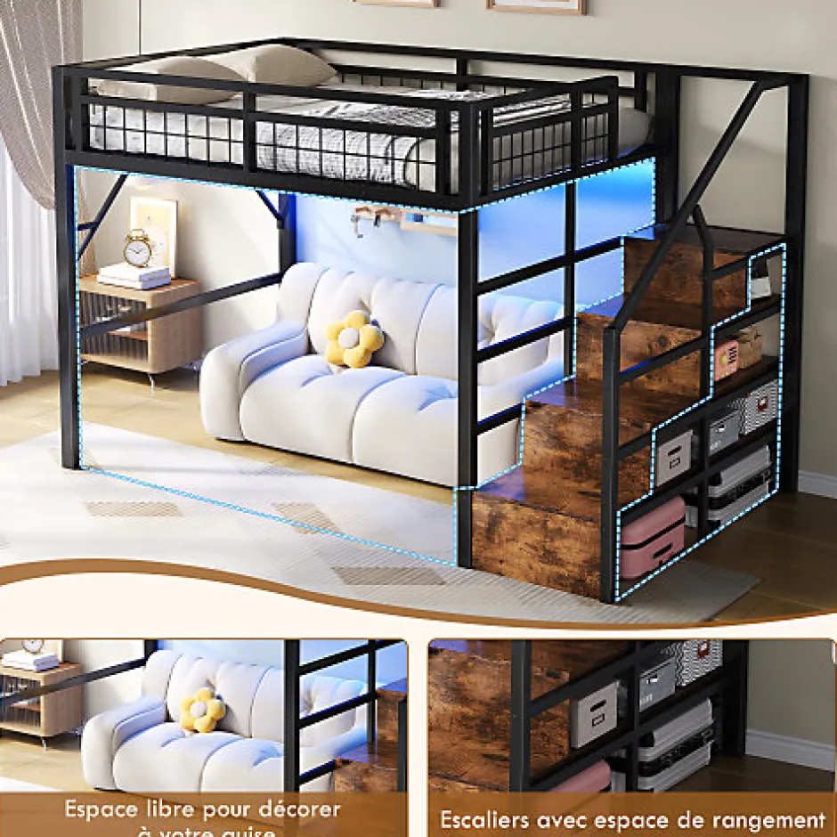 ModernLuxe Lit mezzanine 140 x 200 cm - Structure en fer - Éclairage LED - Escalier - Noir (matelas non inclus)