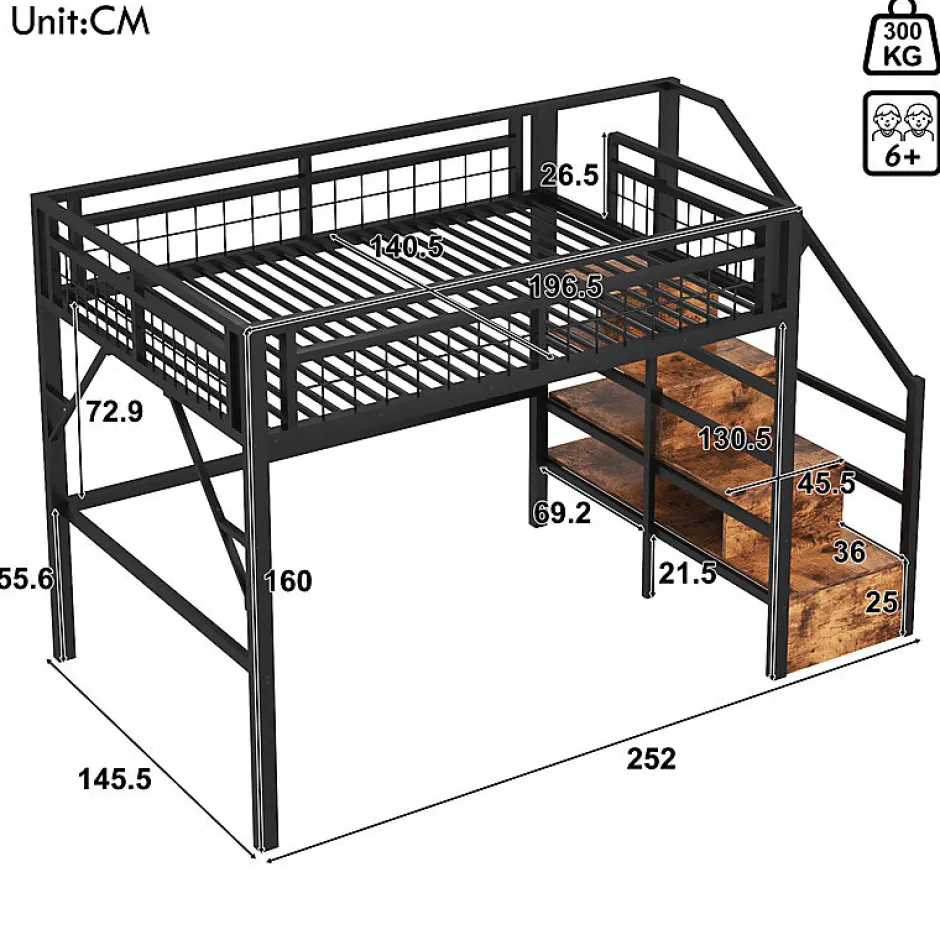 ModernLuxe Lit mezzanine 140 x 200 cm - Structure en fer - Éclairage LED - Escalier - Noir (matelas non inclus)