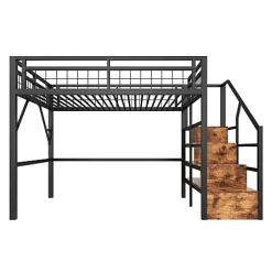 ModernLuxe Lit mezzanine 140 x 200 cm - Structure en fer - Éclairage LED - Escalier - Noir (matelas non inclus)