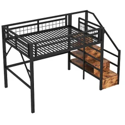ModernLuxe Lit mezzanine 140 x 200 cm - Structure en fer - Éclairage LED - Escalier - Noir (matelas non inclus)