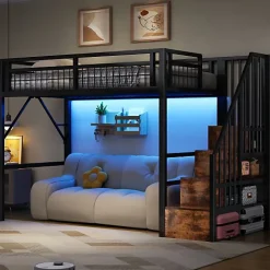 ModernLuxe Lit mezzanine 90 x 200 cm - Structure en fer - Éclairage LED - Escalier - Noir (matelas non inclus) New
