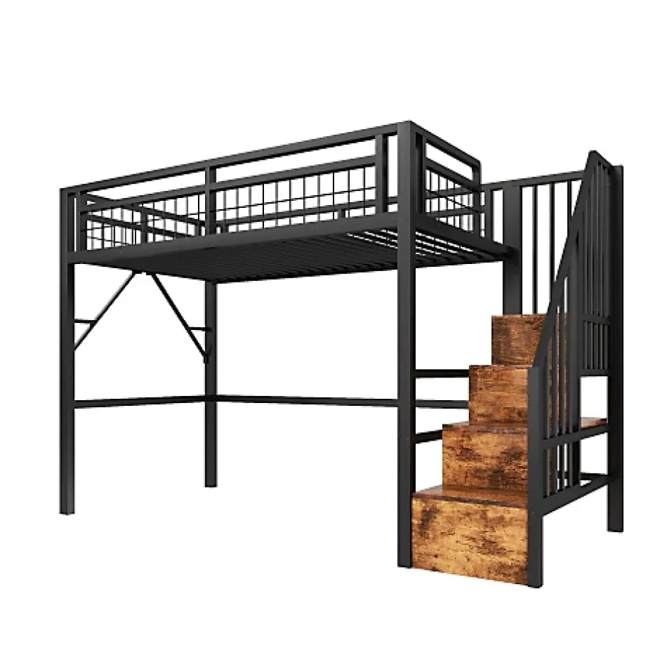 ModernLuxe Lit mezzanine 90 x 200 cm - Structure en fer - Éclairage LED - Escalier - Noir (matelas non inclus) New