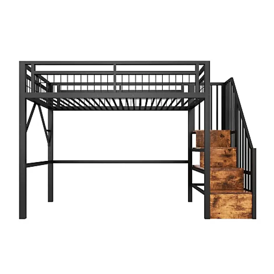 ModernLuxe Lit mezzanine 90 x 200 cm - Structure en fer - Éclairage LED - Escalier - Noir (matelas non inclus) New