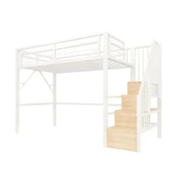 ModernLuxe Lit mezzanine 90 x 200 cm - Structure en fer - Éclairage LED - Escalier - Blanc (matelas non inclus) New