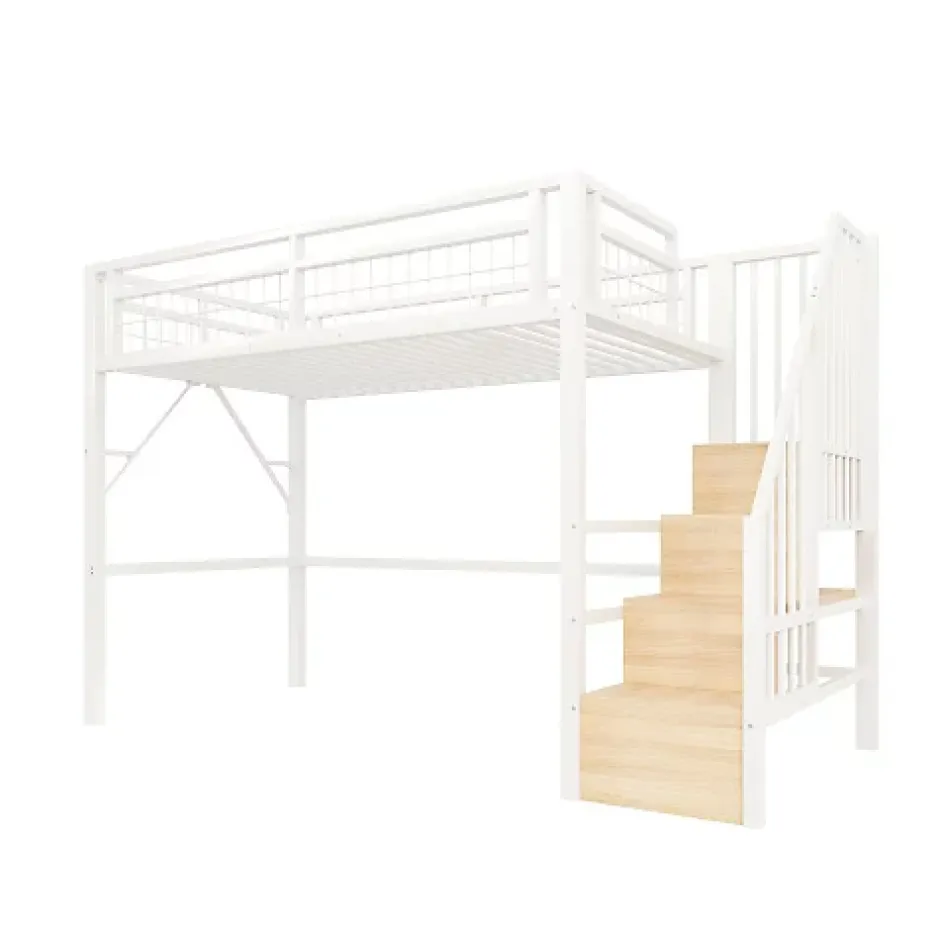 ModernLuxe Lit mezzanine 90 x 200 cm - Structure en fer - Éclairage LED - Escalier - Blanc (matelas non inclus) New